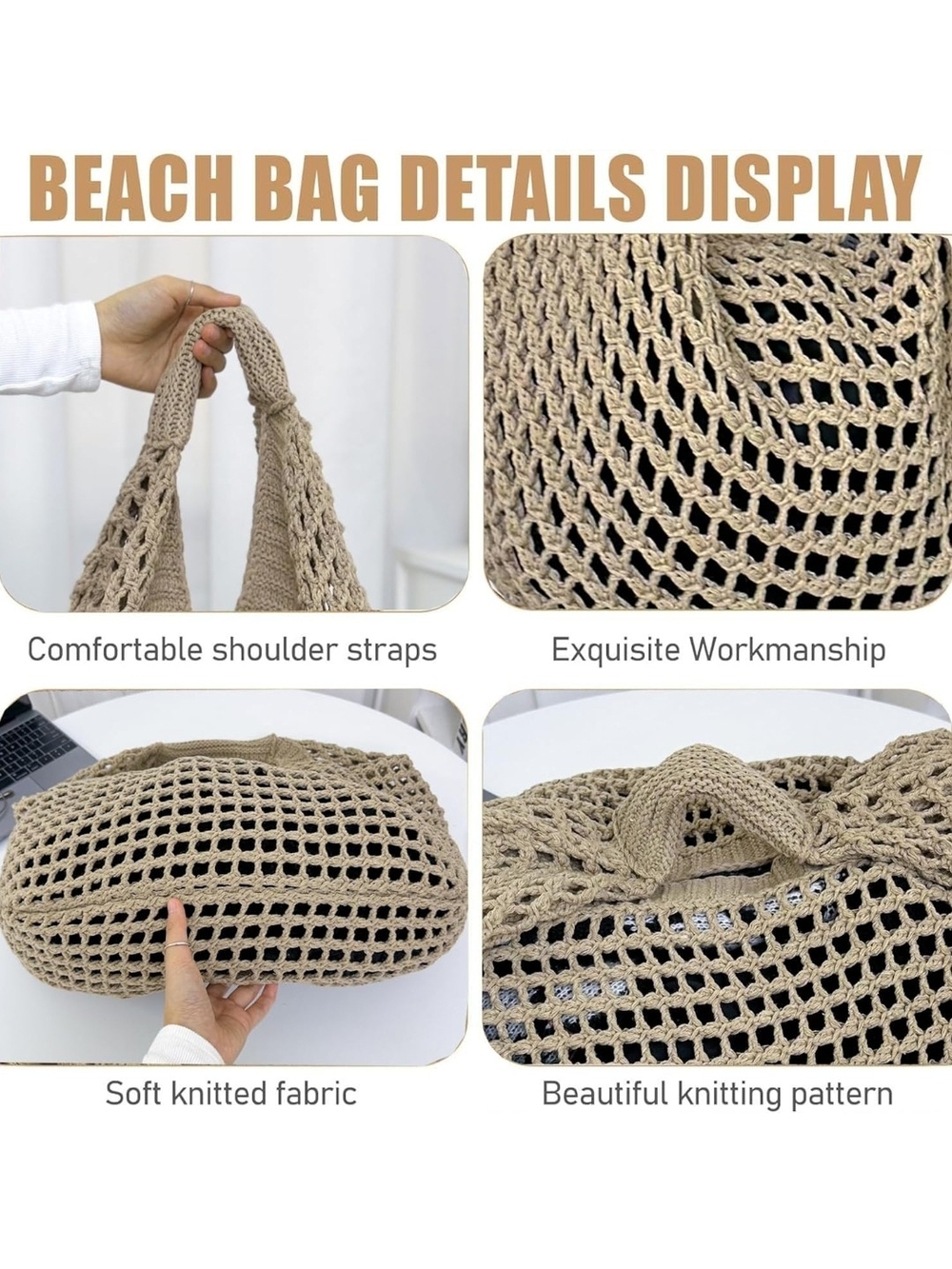 Neutral Crochet Beach Tote Bag - Stylish Summer Carryall - Picture 5 of 6